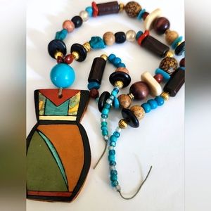 Vintage Native American Signed Leather Pendant Necklace Wood Turquoise Beads